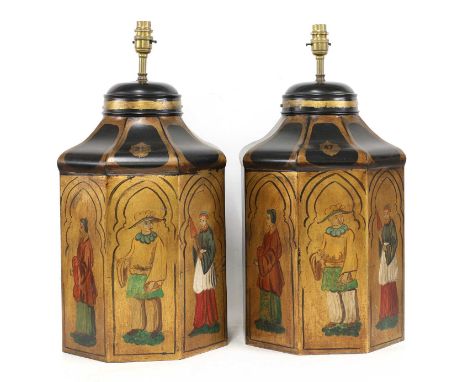 A pair of painted and gilded table lamps,20th century, in the form of octagonal toleware tea canisters and decorated with ori