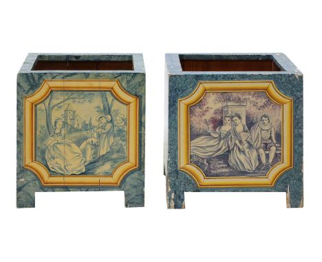 A pair of painted wooden Versailles planters,late 20th century, French, each decorated with faux porcelain plaques depicting 