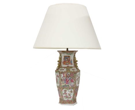 A Chinese vase table lamp and shade,19th century and later, of hexagonal baluster shape painted in the famille verte palette 