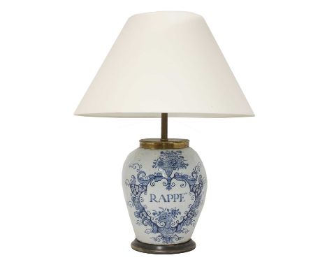 A blue and white delftware vase table lamp and shade,18th century vase, painted with a floral cartouche inscribed 'Rappe', on