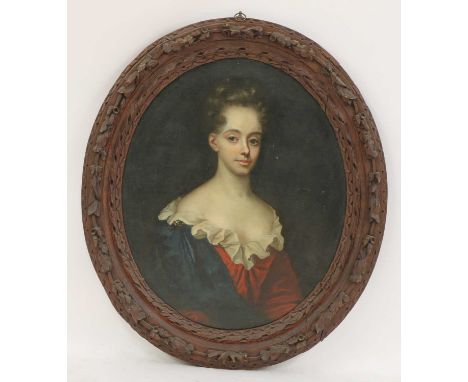 English School, early 18th centuryPortrait of a lady, half length, in a red dress and blue wrapoil on canvas75 x 62cm, oval, 