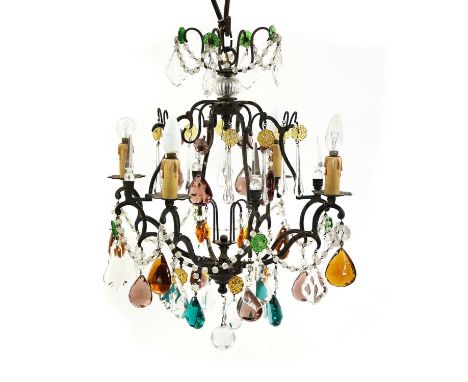 A French glass and gilt-metal electrolier,mid-20th century, in the style of Maison Bagues, with multi-tiered scrolling branch
