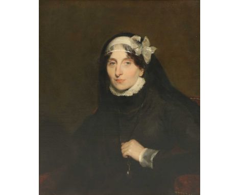 Thomas Phillips RA (1770-1845)Portrait of Mrs Hely Hutchinson, half length, in a black dress and white lace bonnet and holdin