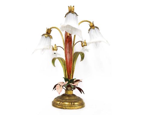 An Italian painted and gilt toleware floral table lamp,with three scrolling stems and moulded floral shades, on a circular ba