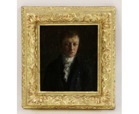 Circle of John Linnell (1792-1882)Portrait of a young man, half length, in a blue coat and white stockoil on panel20.5 x 16.3