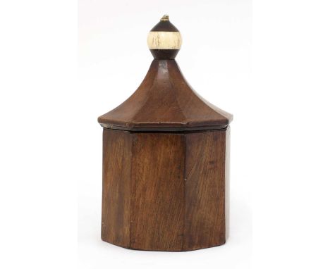 A George III fruitwood tea caddy,of octagonal form, the pagoda top set with an ebony and ivory finial and stamped 'G. MORLIN'