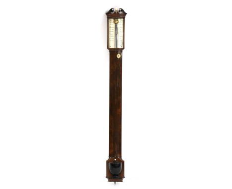 A mahogany, ebony and ivory stick barometer,mid-18th century, by George Adams of London, with a broken swan-neck pediment set