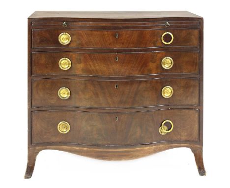 A George III Cuban mahogany serpentine chest of drawers,c.1780, with a brushing slide over four graduated drawers, each with 