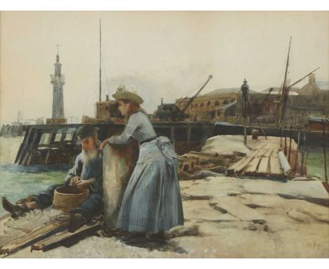 Alexander Mark Rossi (Italian, 1840-1916)A fisherman and his daughter on a quaysidesigned 'A M Rossi' l.r., watercolour and b