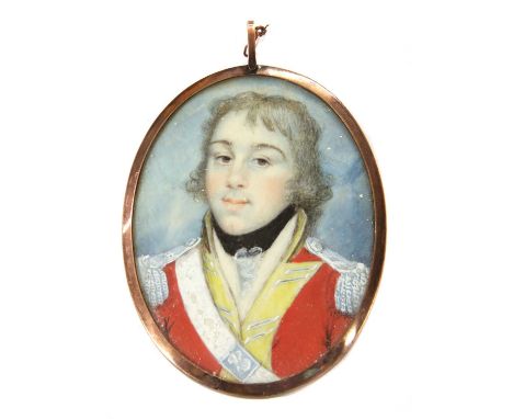 English School, early 19th centuryPortrait of a young officer, bust length, in a red coat and white sashminiature on ivory7.6