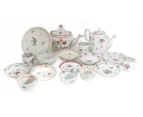 New Hall porcelain teawares,comprising:a commode-shaped teapot, pattern No. 121 with a cover and matched stand, a saucer dish