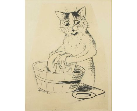 Louis Wain (1860-1939)Washing the dishessigned 'Louis Wain' l.l., pen and ink, on cut paper stuck down23 x 17cm irregularCond