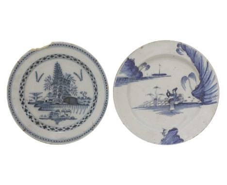 A blue and white delft charger,second half of 18th century, painted with a Chinese lady seated beside a fence within a stylis