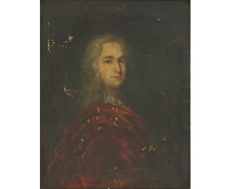 English School, 18th centuryPortrait of a gentleman, half length, in a red cloak and lace collaroil on canvas82 x 66cmConditi
