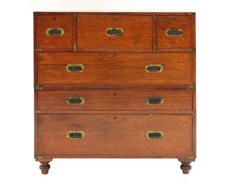 A Victorian teak and brass-bound campaign secretaire chest,by the Army &amp; Navy Co-operative Society Ltd., in two sections,