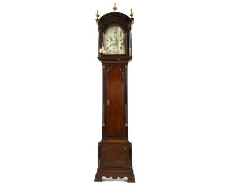 A mahogany longcase clock, 18th century, by Thomas Wheeler, London, the hood with a blind fret arch, brass stop fluted column