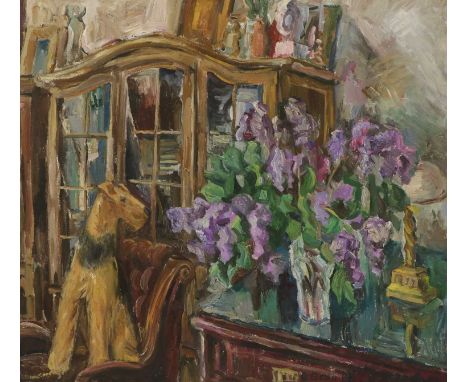 Oleg Osin (Russian, b.1939)Lilac bouquet with fox terriersigned in Cyrillic l.r., inscribed and dated 1967 verso, oil on canv