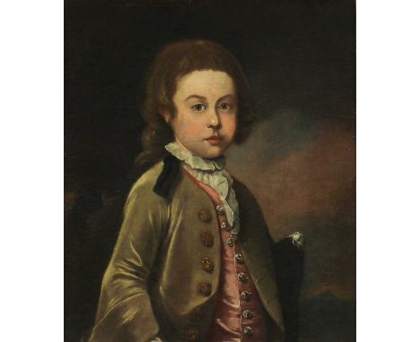 English School, mid-18th centuryPortrait of a boy, half length, in a green coat and pink waistcoat, a tricorn hat under his l