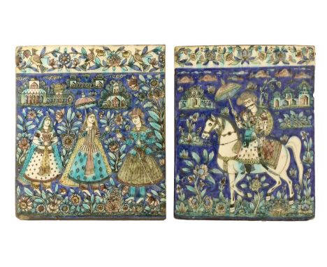 A near pair of Qajar pottery tiles,late 19th century, possibly Tehran, Northern Iran, decorated in the Iznik palette, each re