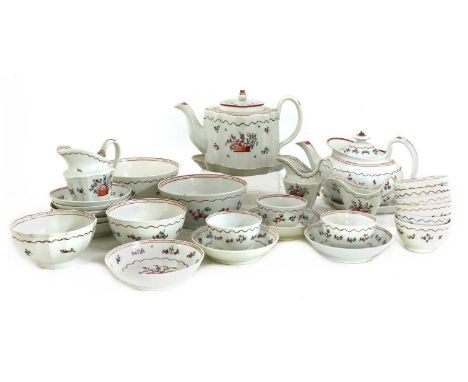 A New Hall part tea service,pattern no. 171, the borders with mauve dots between two iron-red lines and an undulating line ed