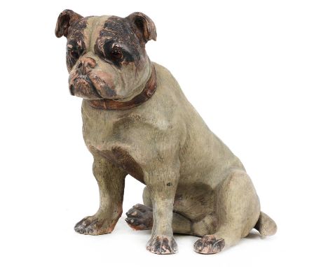 A terracotta and painted model of a bulldog,19th century,32cm highCondition report: Chip to underside of ears, paint flaking 