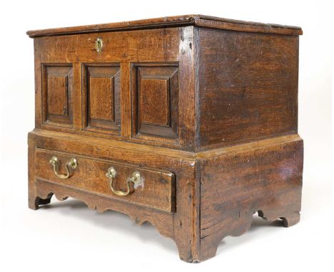 A George III oak miniature Lancashire mule chest,the hinged lid above a triple panelled front and single drawer, on shaped br