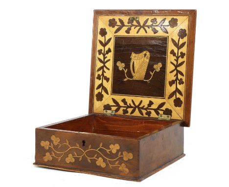 An Irish Killarney yew and marquetry box,19th century, the hinged lid centred with a ruined abbey, surrounded by foliage, dec