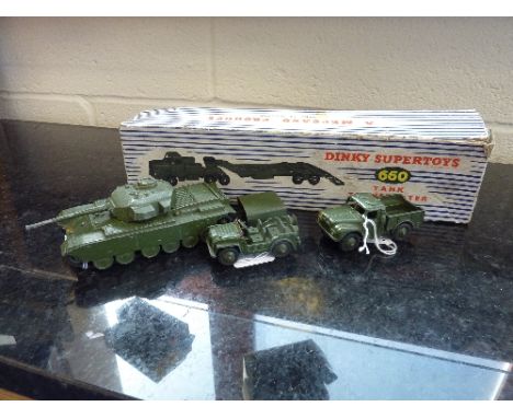 A BOXED DINKY SUPERTOYS THORNYCROFT 'MIGHTY ANTAR' TANK TRANSPORTER, No.660, with an unboxed Centurion Tank, No.651 (metal ro