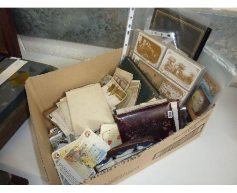 A PARCEL OF POSTCARDS, CIGARETTE CARDS, PHOTOGRAPHS AND PLAYING CARDS, (one box)