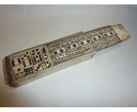 NAPOLEONIC WAR, carved bone domino set in a cribbage board box