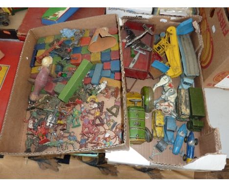 A QUANTITY OF UNBOXED AND ASSORTED PLAYWORN DIECAST AND TINPLATE VEHICLES, to include tinplate Mettoy Tractor and Trailer, Le