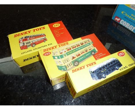 TWO BOXED DINKY TOYS LEYLAND ATLANTEAN BUSES, red and white version with 'Ribble' fleetname and no advertising, No.292 and gr