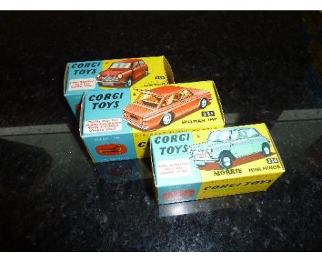 THREE BOXED CORGI TOYS CARS, Austin Seven, No.255, mid blue body with red interior, Morris Mini-Minor, No.226 and Hillman Imp