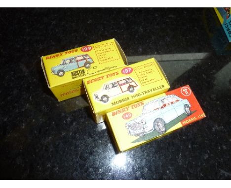 THREE BOXED DINKY TOYS CARS, Austin Seven Countryman, No.199, Morris Mini-Traveller No.197 and Morris 1100, No.140, minor wea