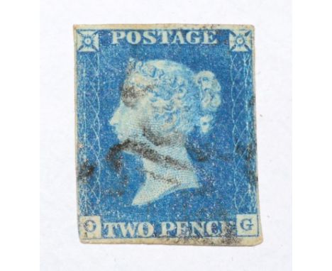 Great Britain. 1840 2d Blue O-G. Two margins, used with a black Maltese Cross
