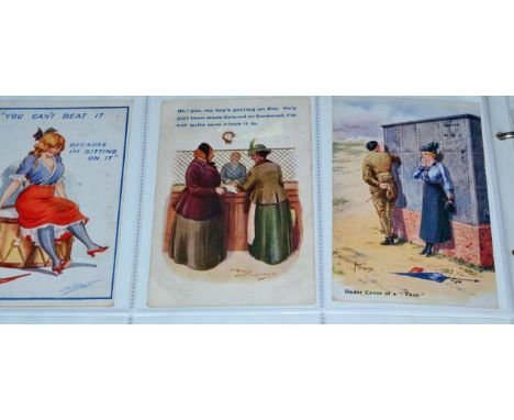 Military. A large maroon album housing over four hundred cards. Includes comic, artist, song, regimental, portrait, silks, na