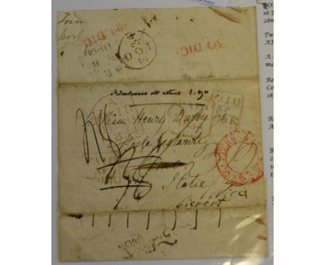 Ireland. A December 8 1834 York entire between two brothers to Como, Italy and redirected to Nice. A busy entire on both fron