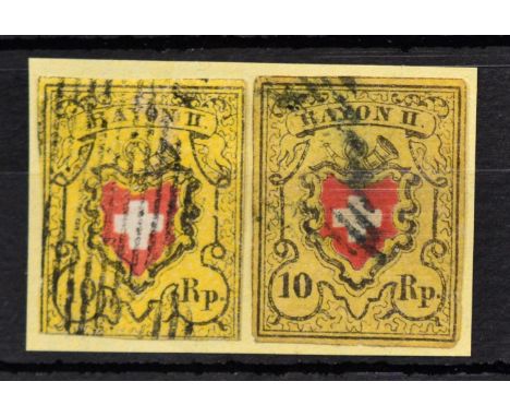 Switzerland. 1850 two 10r 'RayonII', central cross without frame, differing shades. Darker shade four margins, lighter only t