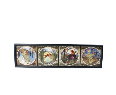 Remarkable Doulton Lambeth framed tile panel titled "The Four Seasons", designed by the talented artist Margaret E. Thompson.