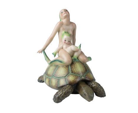 A rare and exquisitely crafted Lenci ceramic figurine designed by Helen Konig Scavini, depicting a mesmerizing siren and her 
