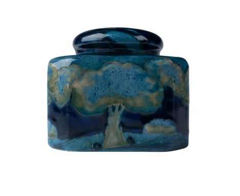 A Moorcroft pottery inkwell crafted in the iconic Moonlit Blue pattern, featuring serene depictions of trees against a deep b