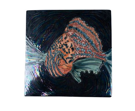 This vibrant square wall plaque showcases a tropical fish rendered in stunning detail by designer Lise B. Moorcroft. The lust