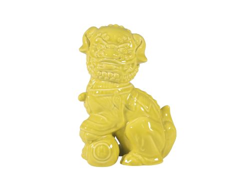 Rare, bright yellow glaze variation of the Dog of Fo, which is normally in a red and blue flambe glaze. Porcelain. Royal Doul
