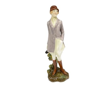 Part of the Farm &amp; Country series, figure dressed in hunting attire colored in gray, blue and cream. Royal Doulton backst