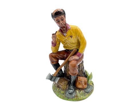Rare porcelain hand decorated glazed figure of a gentleman seated on a tree stump with an axe and pipe. Royal Doulton backsta