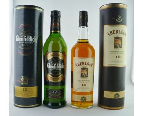 ABERLOUR 10 year aged Single Highland Malt Scotch Whisky, 1 bottle in tube GLENFIDDICH SPECIAL RESERVE 12 years aged, 1 x 70c