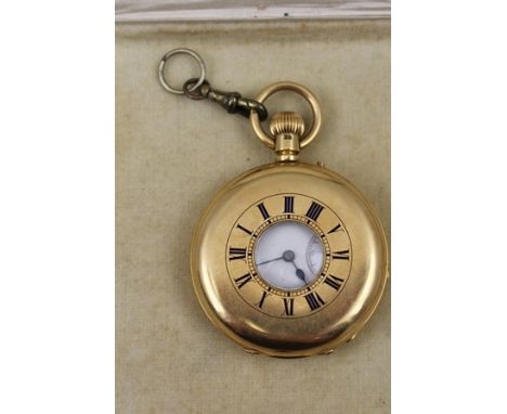 A VICTORIAN 18CT GOLD CASED HALF HUNTER POCKET WATCH, the inner plate engraved with maker, Thomas Reynoldson &amp; Son, Hull,