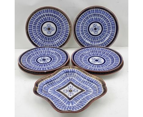 A PART CHAMBERLAINS WORCESTER DESSERT SERVICE comprising; six 21.5cm diameter plates and a square form serving dish, cobalt b