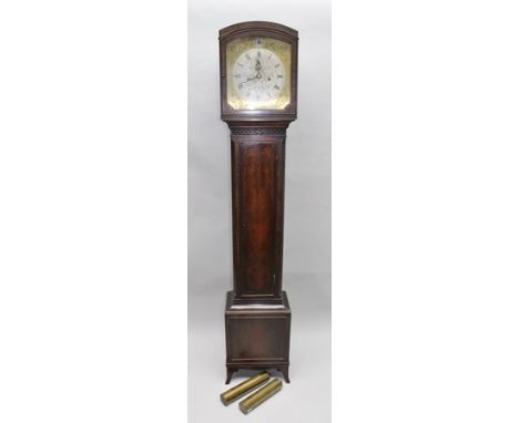AN EARLY 20TH CENTURY MAHOGANY CASED GRANDMOTHER CLOCK, the silvered dial with Roman numerals, engraved "Maple London", fitte