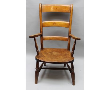 A LATE 19TH CENTURY PROVINCIAL OPEN ARM CHAIR, ladder back design, with elm seat, on turned supports, together with a REGENCY